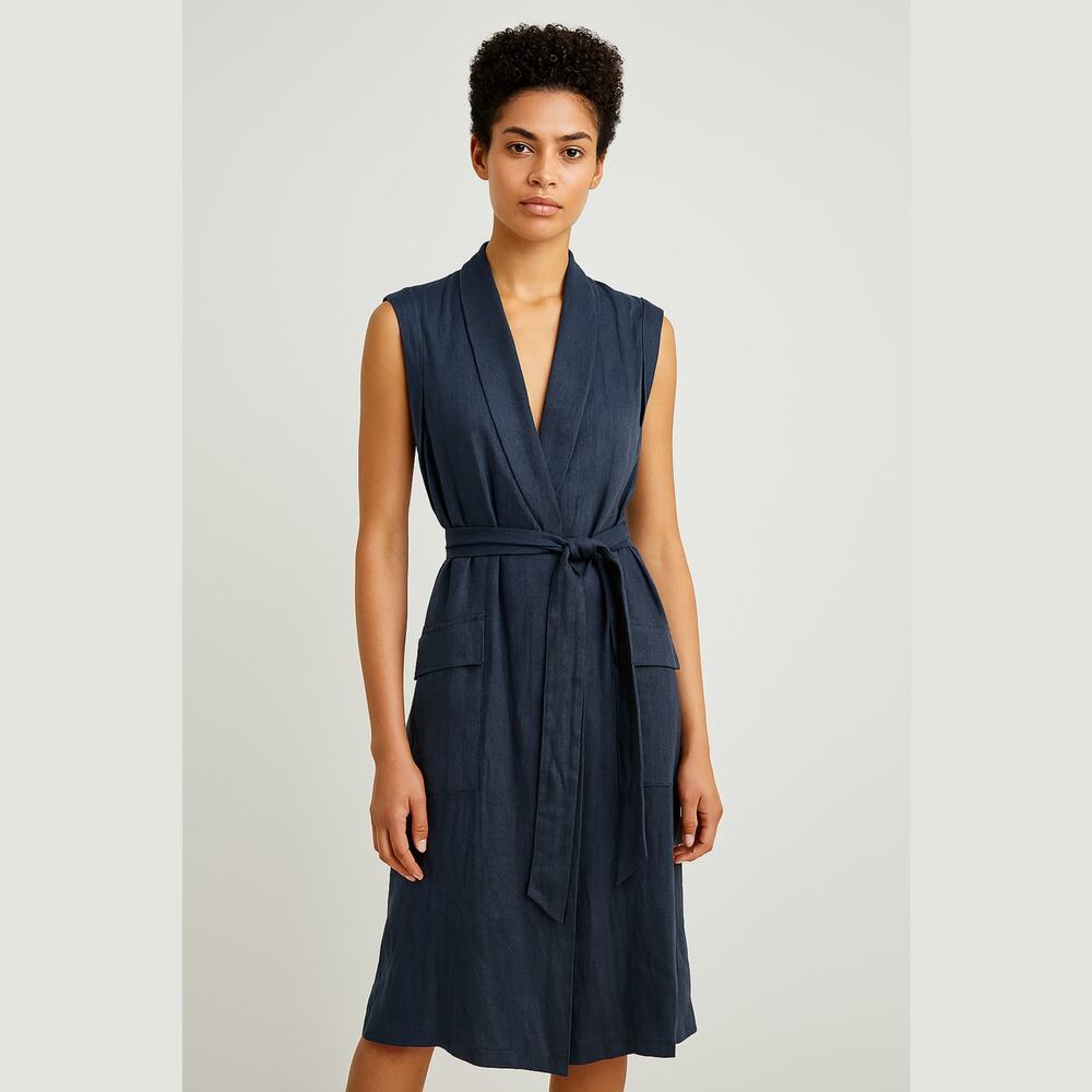 Classiques Entier Linen Blend Sleeveless Wrap Belted Dress Navy 10